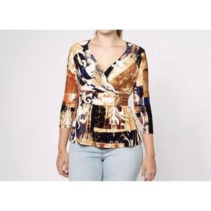 Attitudes by Renee Como Jersey Rouched Waist Mock Wrap Top Multicolor S